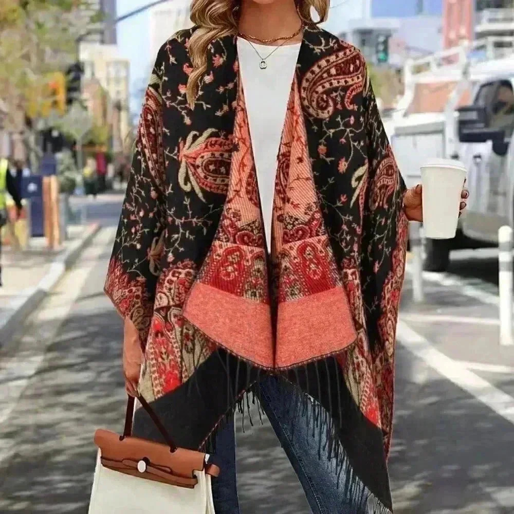 Paisley Pattern Fringe Trim Batwing Sleeve Duster Cardigan multi color